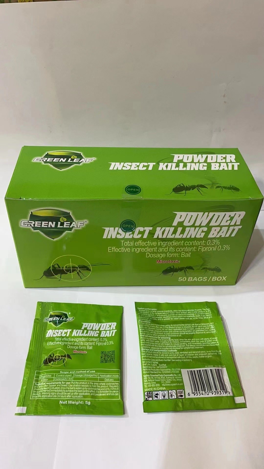 Green Leaf Cockroach & Ant Killer Powder Insect Killing Bait in a box containing 60 bags for effective pest control
