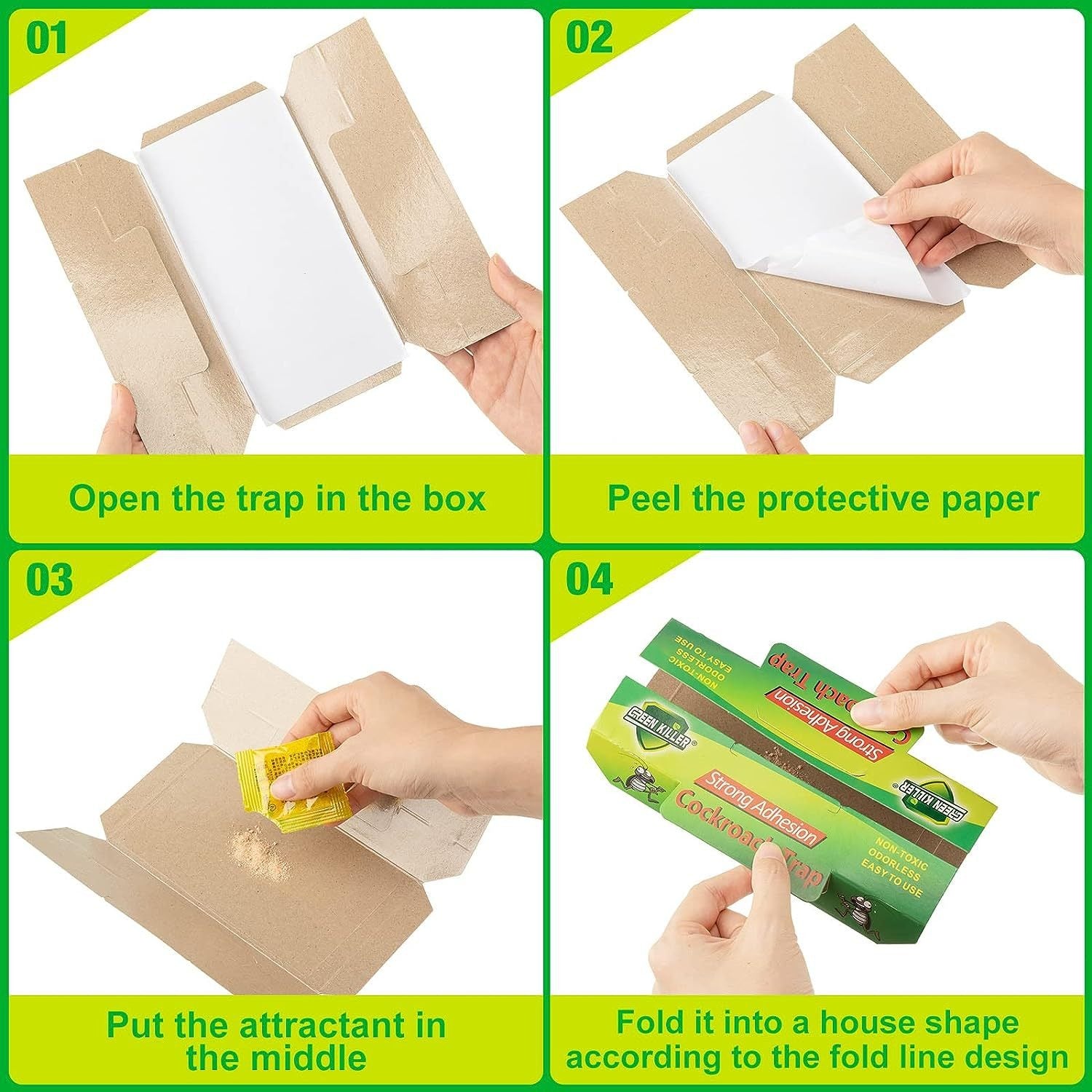 Green Leaf Cockroach Sticky Glue Trap easy setup steps with attractant for effective pest control