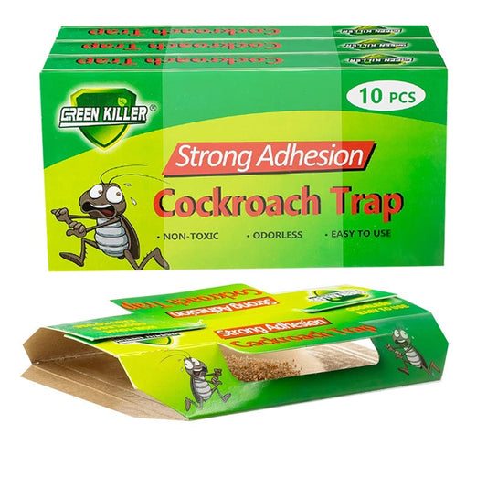 Green Killer Cockroach Trap Sticky Glue Trap in a pack of 10, non-toxic, odorless, easy to use for pest control. cockroach sticky trap, cockroach adhesive traps
