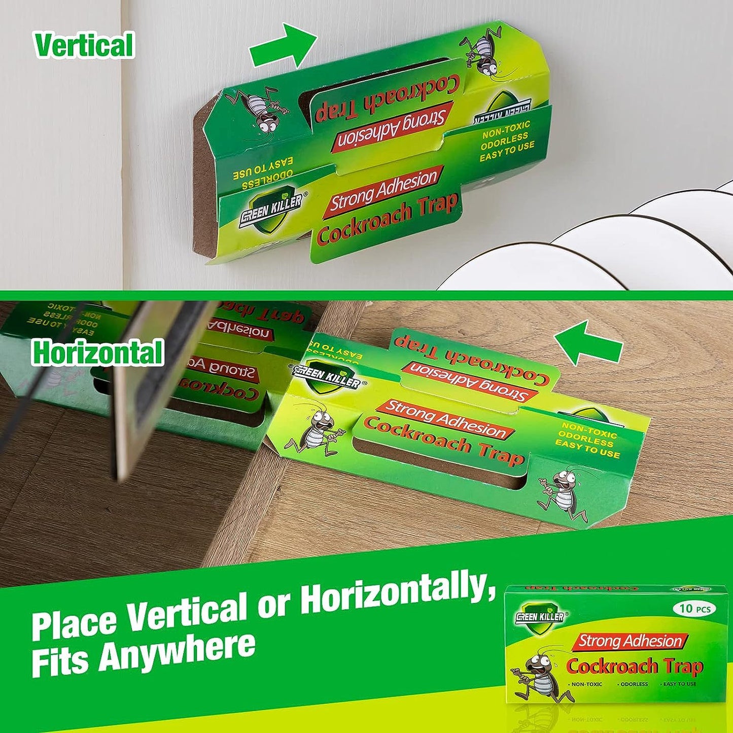 Green Leaf Cockroach Sticky Glue Trap pack showing vertical and horizontal placement options for pest control