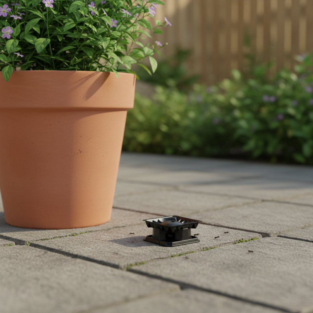 MoonSpry glue ant trap placed outdoors near a garden plant pot on a stone patio