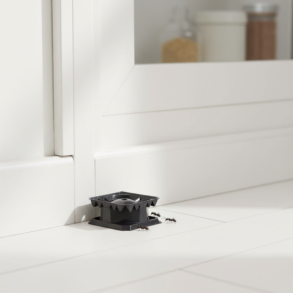 MoonSpry glue ant trap placed along a kitchen baseboard indoors, sticky ant trap in use