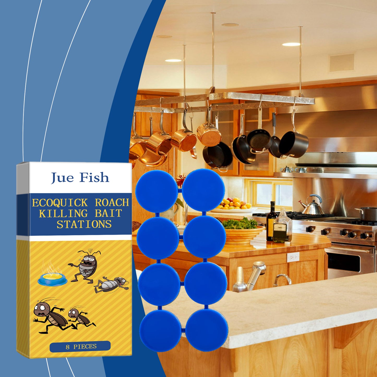 Jue Fish Cockroach Bait Station Paste in blue, eight pieces, effective pest control for homes