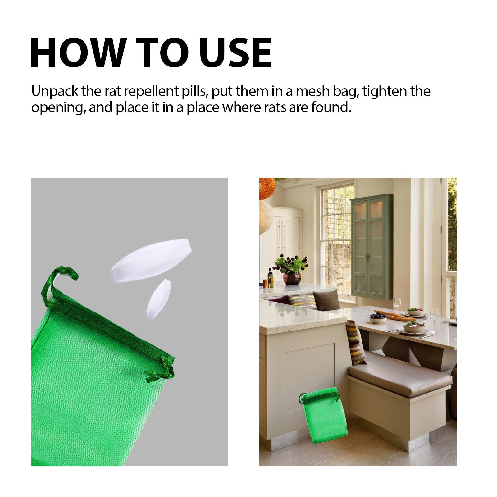 MoonSpry Mouse Repellent Pills in a mesh bag for effective rodent control in homes