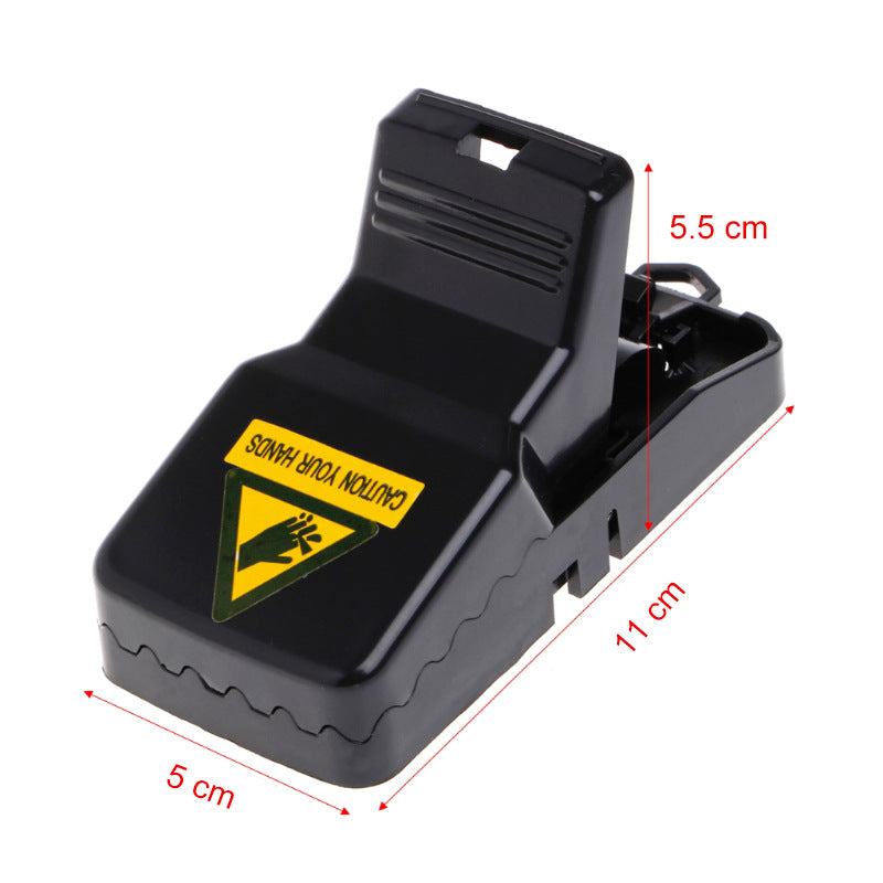 Pesthor black snap trap for mouse, compact design with warning label, ideal for home pest control