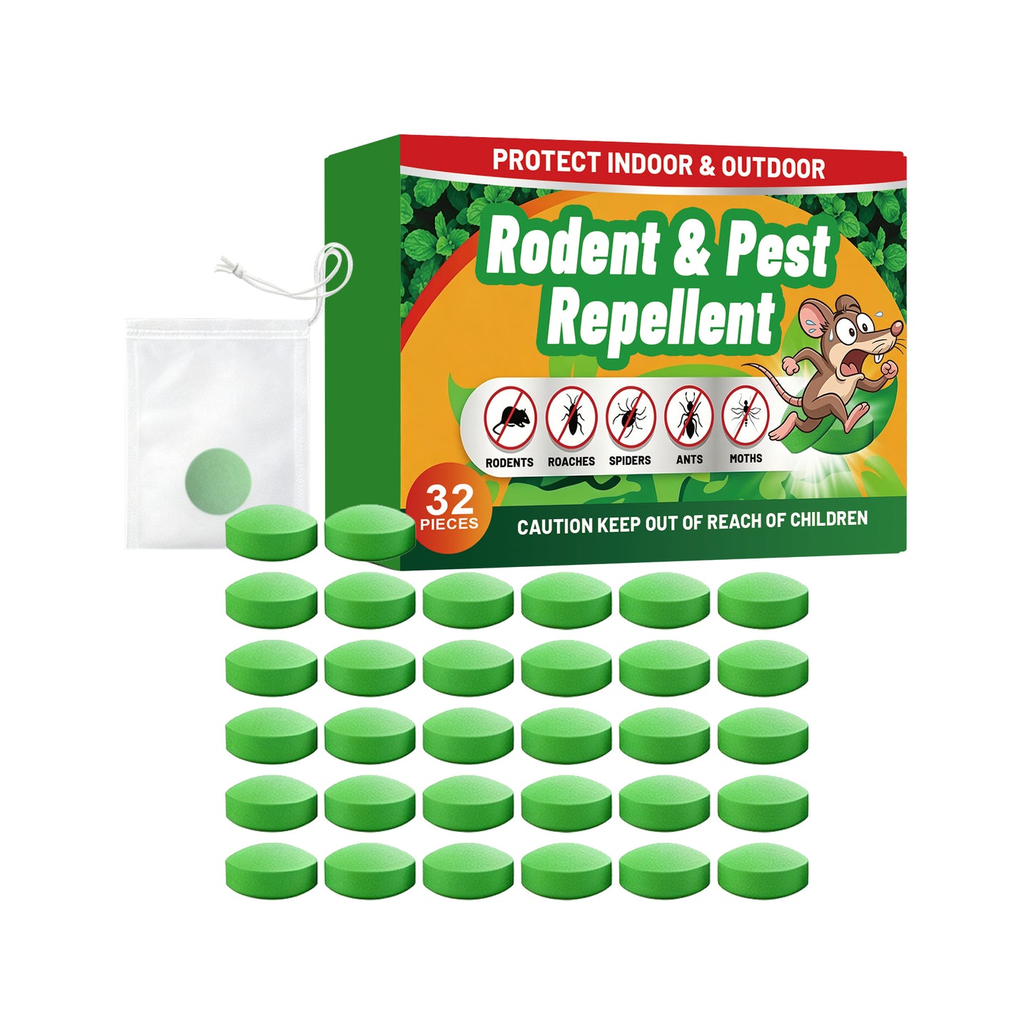 Pesthor Rodent and Pest Repeller in Green, 32 pieces, effective against rodents, spiders, and ants